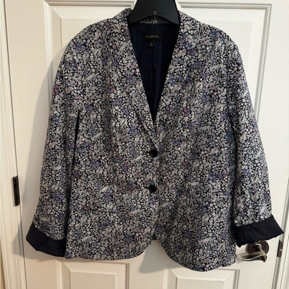 Talbots Tiny Ditsy Blue Floral Cotton Jacket Blazer Notch Collar Size 16